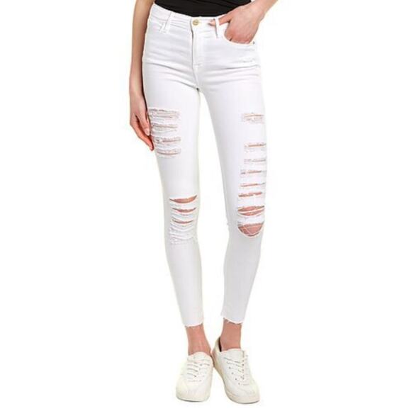 NWT Frame Women's  Le High Distressed High Rise White Denim Skinny Jeans - Picture 1 of 6
